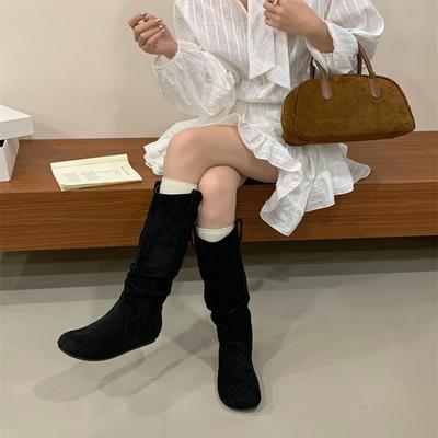 Ретро ботинки Детские осенне-зимние 2025 увеличивающие рост одинарные ботинки высокие Merad западные на плоской подошве ботинки на наборном каблуке