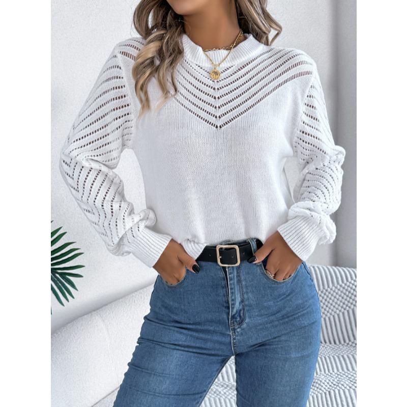 Elegant Round Neck Hollow Out Long Sleeve Pullover Sweater Women 2025 Fashion Sweet Autumn and Winter Casual Knitted Tops Solid Color Office Clothing