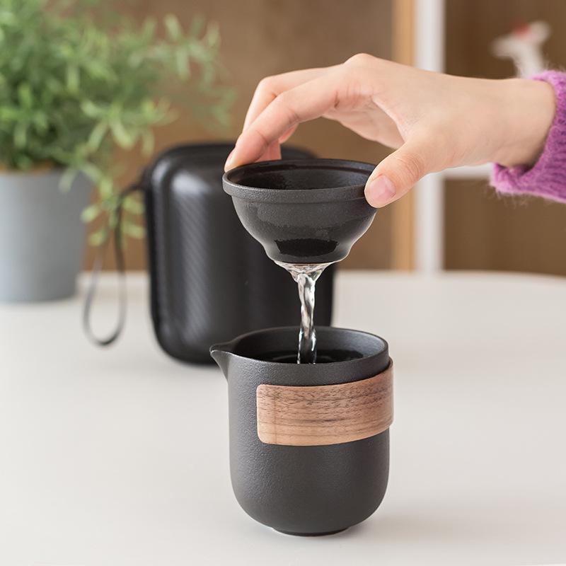 Black Crockery Ceramic Teapot Gaiwan Tea Cups Portable Travel Tea Set Drinkware 1Pot+4Cups