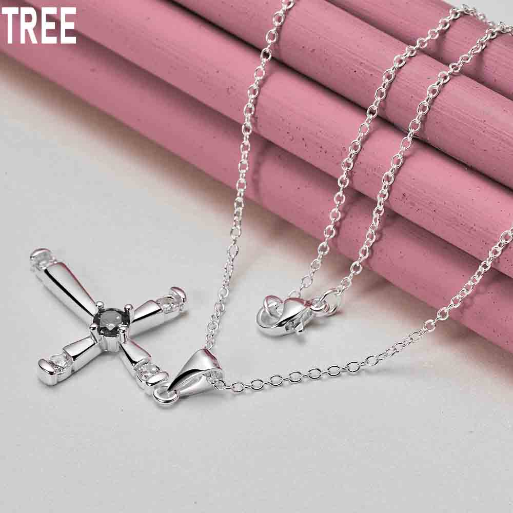 925 Sterling Silver Cross Zircon Pendant Necklace Fashion Wedding Jewelry