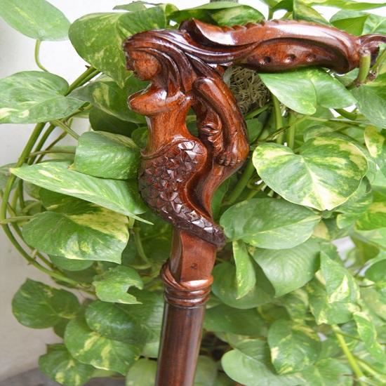 Mermaid Wooden Carved Walking Stick Cane Handmade Wood Crafted Comfortable Handle Hand Carved Cane Ergonomic Handle for Comfort
