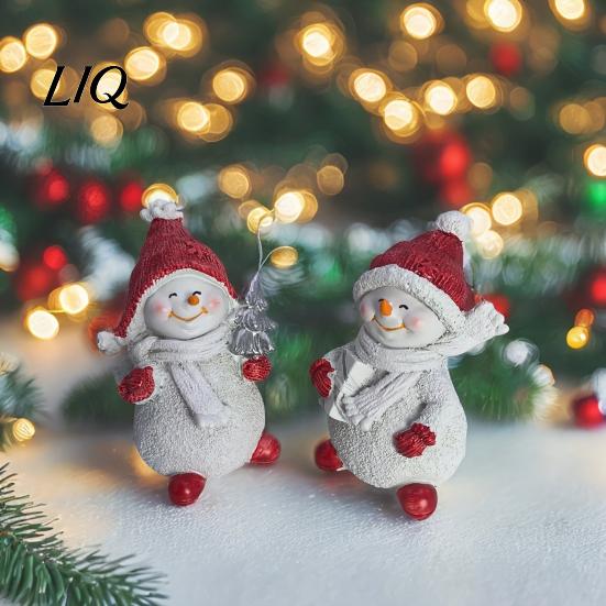 Holiday Tabletop Decorations 2Pcs Christmas Snowman Figurine, Cute Decor, Resin Snow Statue with Winter Theme Home Accents Knit Hat Scarf for