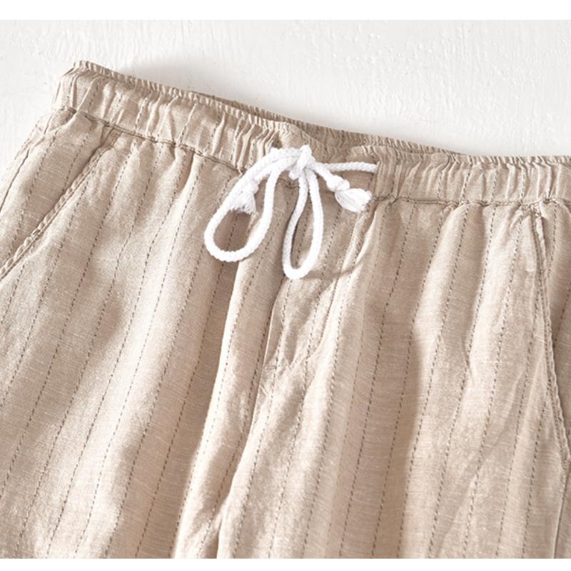 Летние хлопковые льняные мужские брюки, узкие брюки с эластичной талией и завязками на шнурке, повседневные дышащие модные полосатые мужские брюки