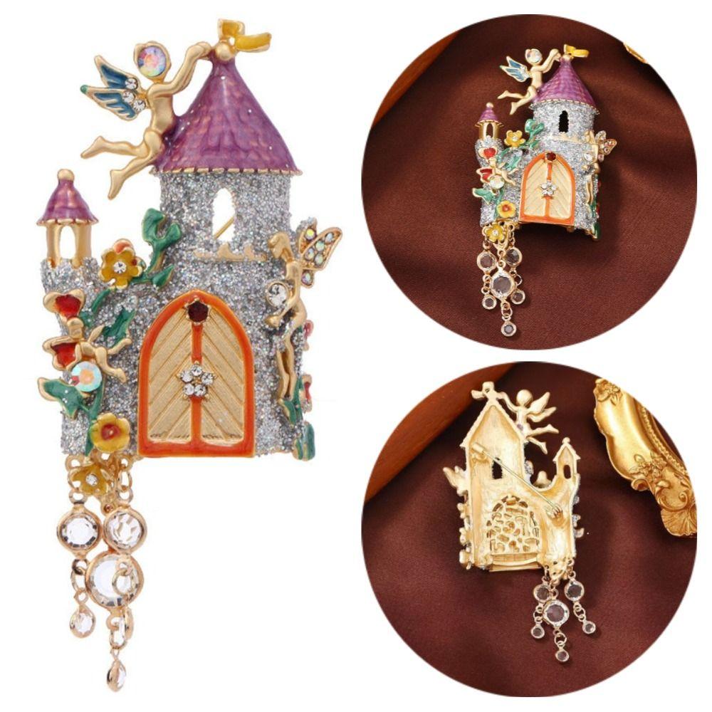 Retro Dreamy Fairy Tale Castle Brooch Elegant Suit Collar Pin Unique Enamel Brooches Daily