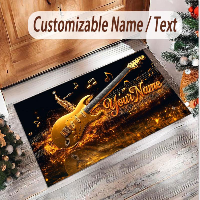 Music Guitar Theme Soft Crystal Velvet Rug Custom Name & Text Print Non Slip Floor Rug for Bedroom Living Room