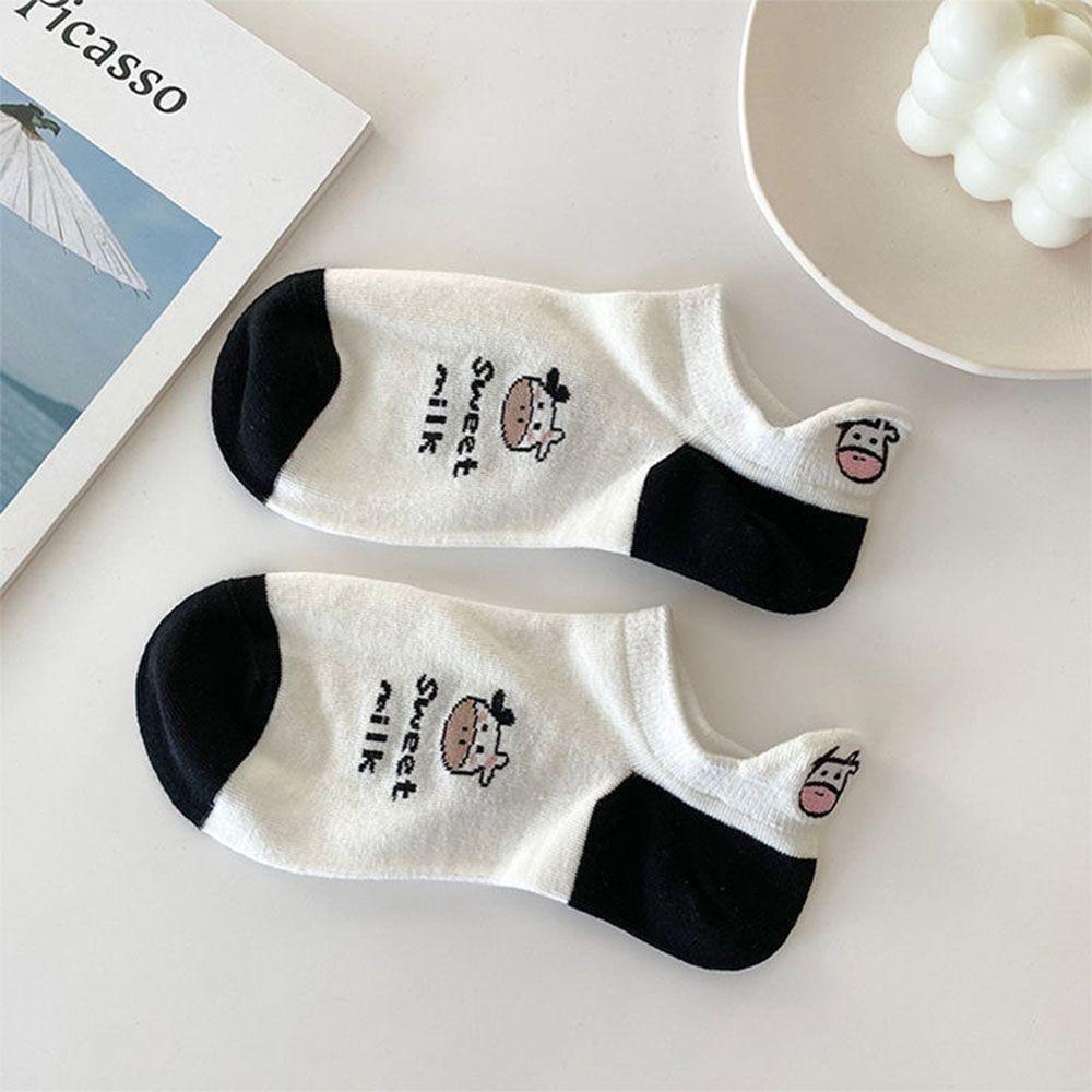 Black White Cute Cartoon Super Thin Women's Socks Boat Socks Striped Cow Socks Ankle Short Socks