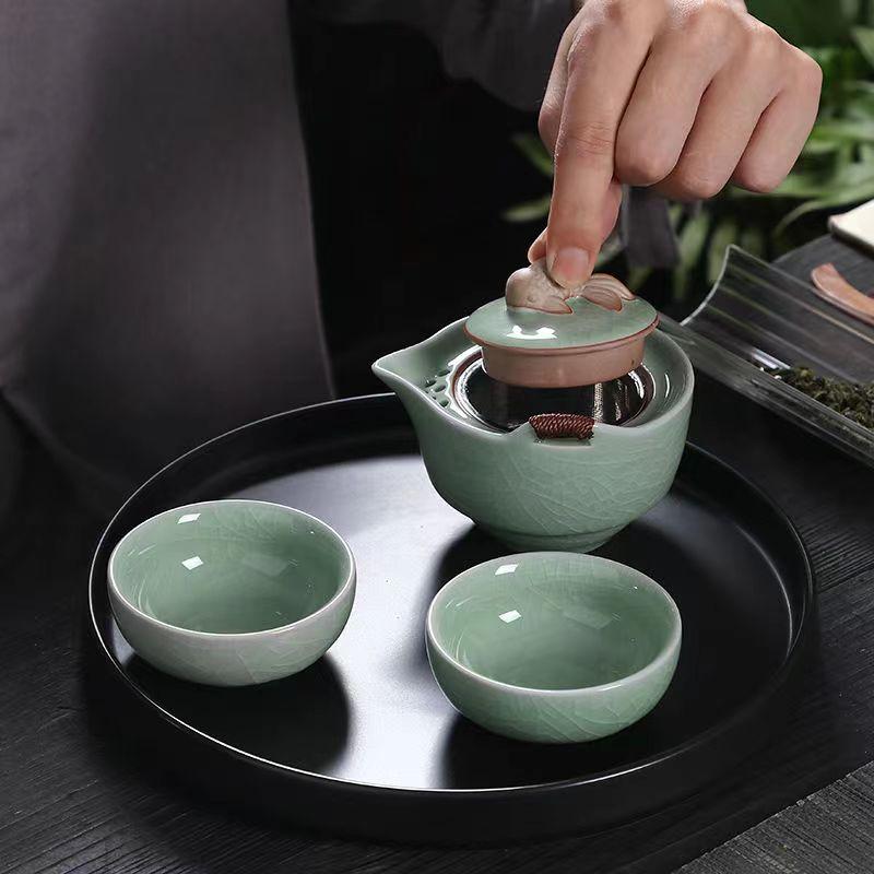 Портативный керамический дорожный чайный сервиз Ge Kiln, 1 чайник, 2 чашки, автомобильный чайный сервиз, гайвань, чашки и кружки, исинский чайник, симпатичный горшок для чашки