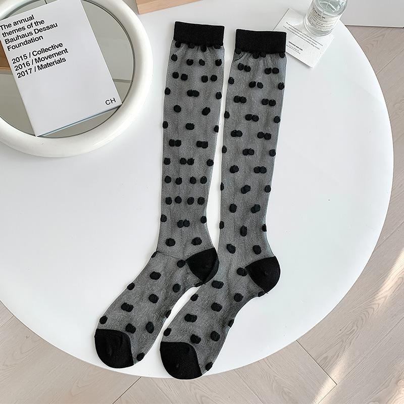 Шелковые носки с кристаллами, женские чулки, летние ультратонкие прозрачные гольфы в горошек JK для девочек, черные, белые длинные носки, чулки