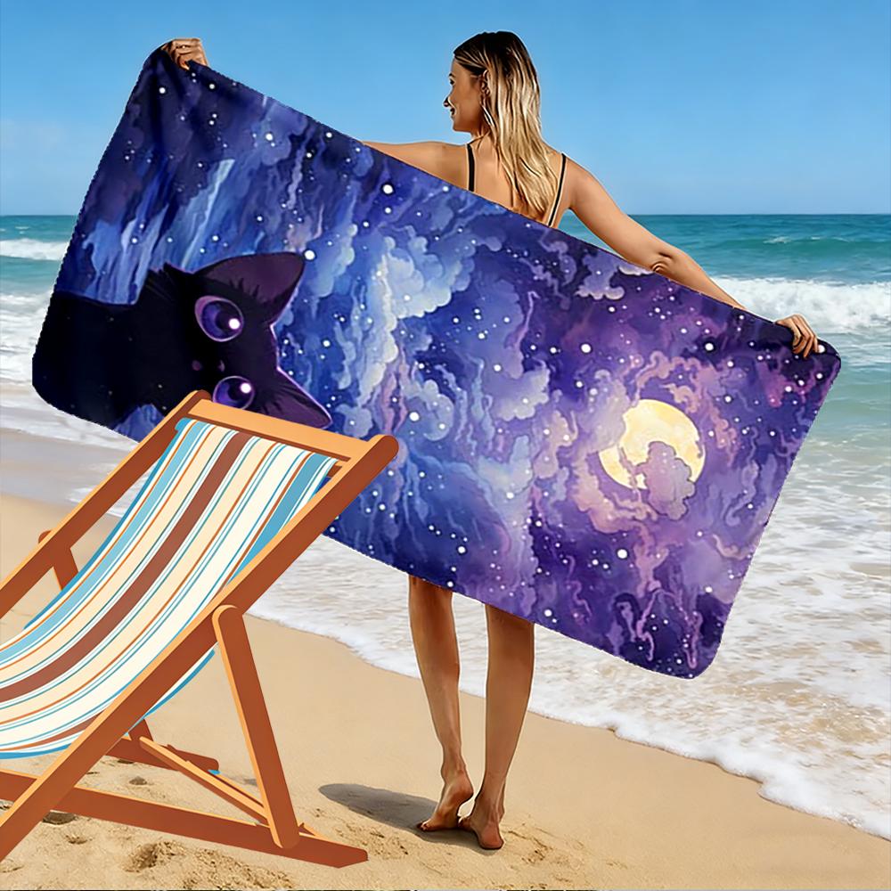 Black Cat Under Starry Night Sky Beach towel quick-drying for travel outdoor sports jogging beach and swimming