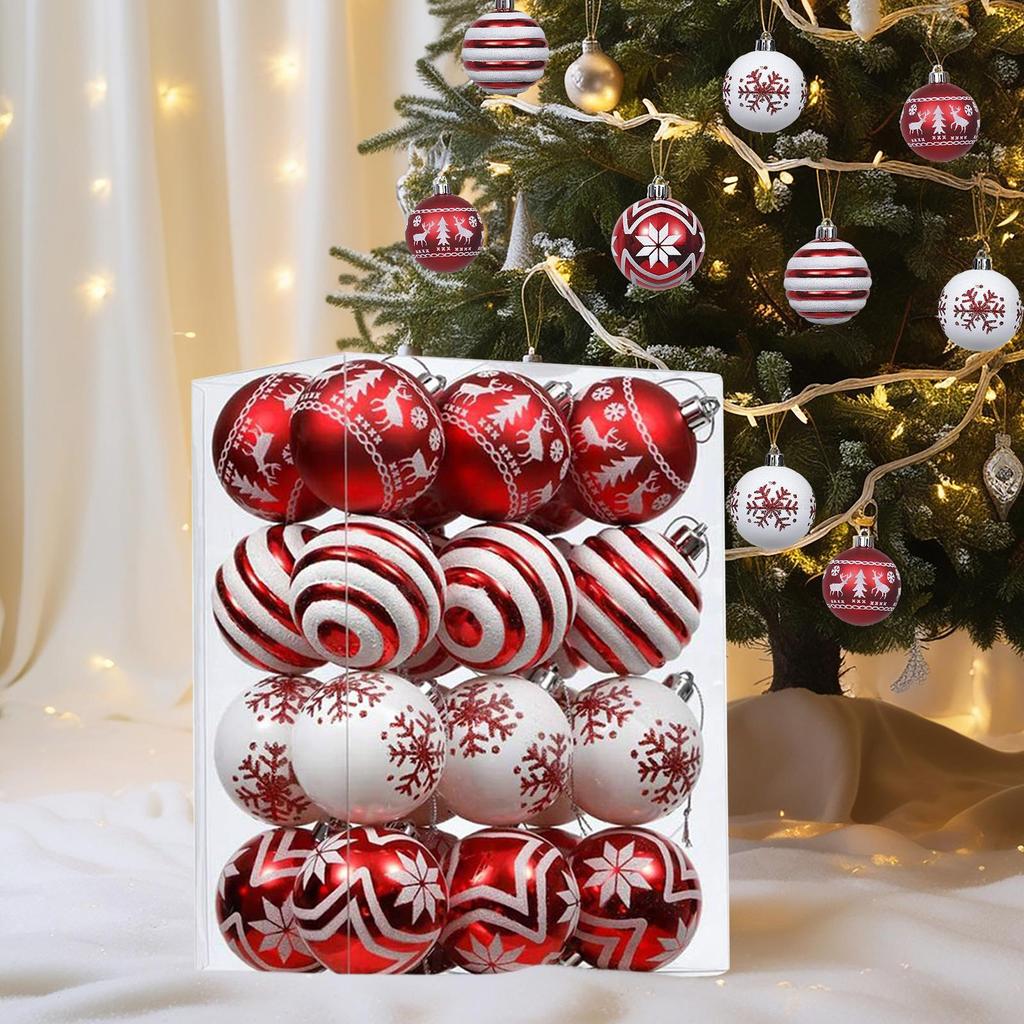Christmas Balls 24 Pieces Red And White Ball Christmas Tree Decorations 2.36 Inch Shatterproof Pendant For Home Party