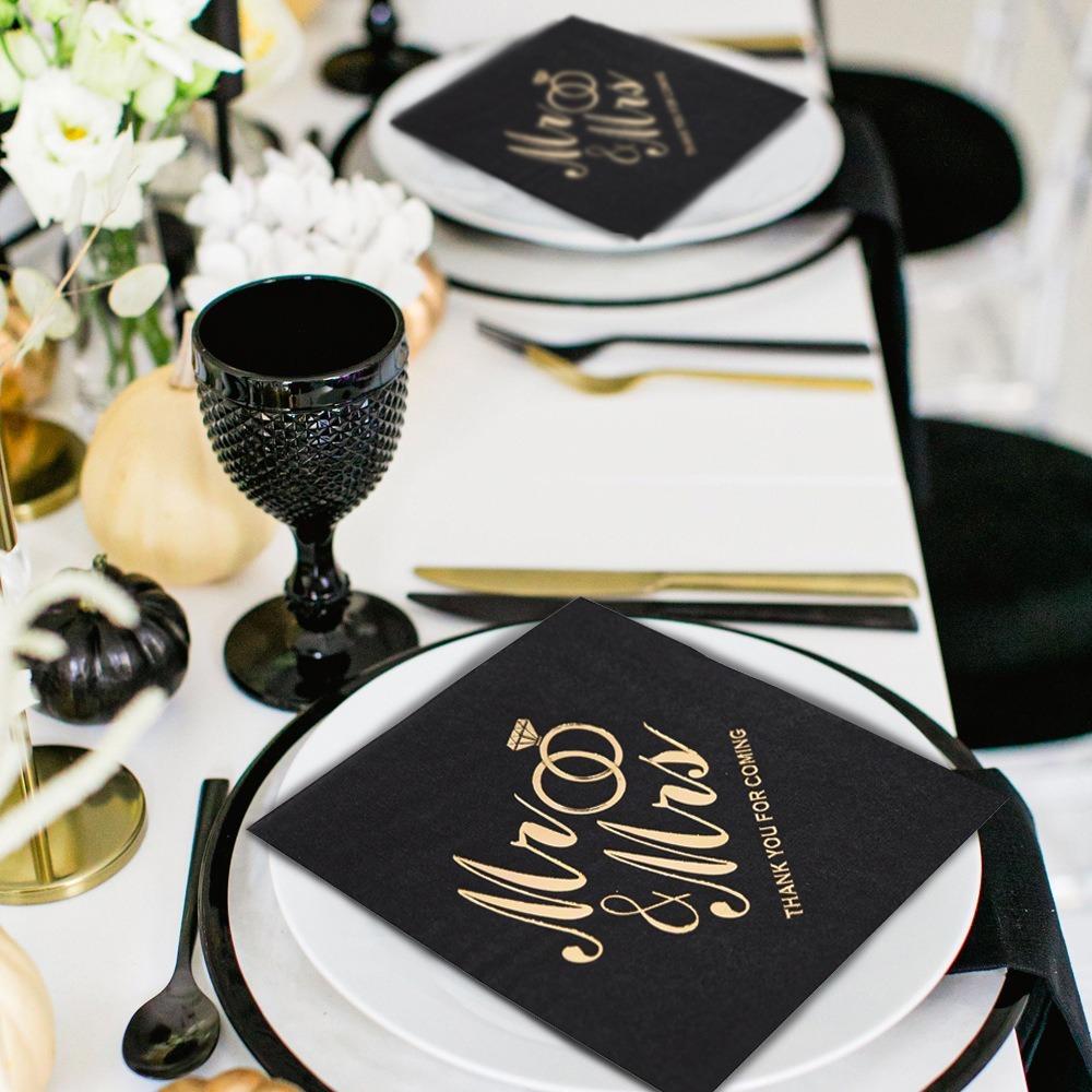 100pcs 3-Ply Mr Mrs Wedding Napkins Bronzing Printed Disposable Napkins for Wedding Anniversary