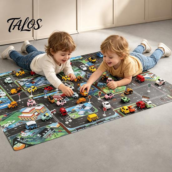 Non Slip Crawling Mat for Babies City Traffic Play Kids, 130x100cm Car Road Scene Toy Carpet Cars Rug with Signs, Foldable PVC Floor Bedroom