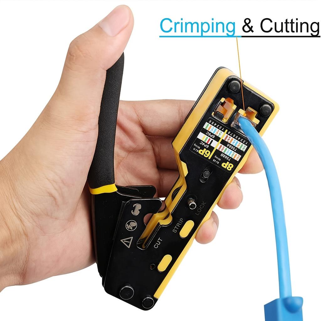 Ratcheting Modular Data Cable Crimper / Wire Stripper / Wire Cutter for RJ11/RJ12 Standard, RJ45 Pass-Thru Connectors