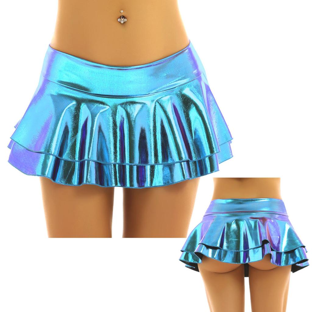 Женская сексуальная металлическая мокрая кожаная многослойная плиссированная мини-юбка с рюшами