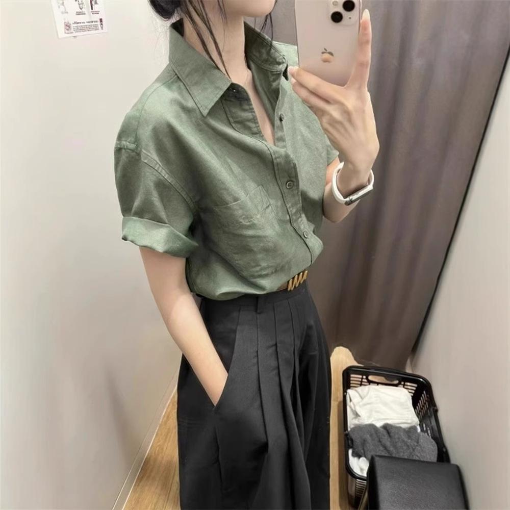 Green cotton and linen front shoulder short-sleeved shirt women's summer thin feel super good-looking linen shirt polo collar top