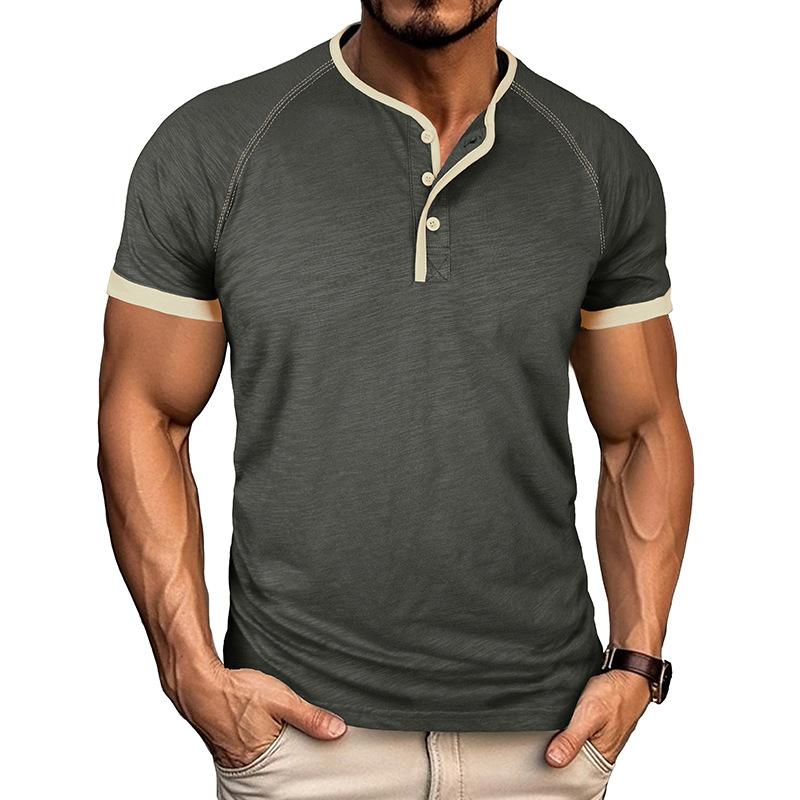 Men's Contrast Piping Raglan Henley T Shirt Placket Slub Cotton Short Sleeve Casual Summer Tee