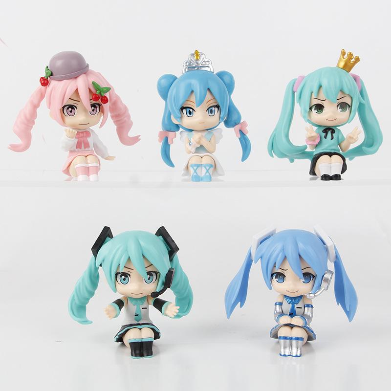 Новый набор из 5 шт./набор Hatsune Miku Q Версия Сидячая поза Каваи Подарок на день рождения Фигурки аниме-девушек Супер милые Уникальные детские игрушки