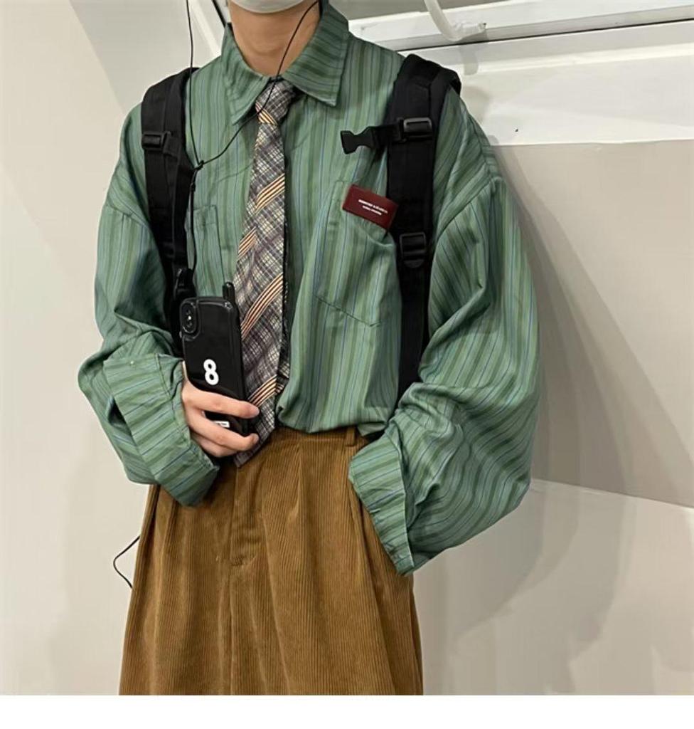 2023 Japanese Retro Lapel Striped Long Sleeve Shirt for Men and Women - Spring To Autumn Casual Wear