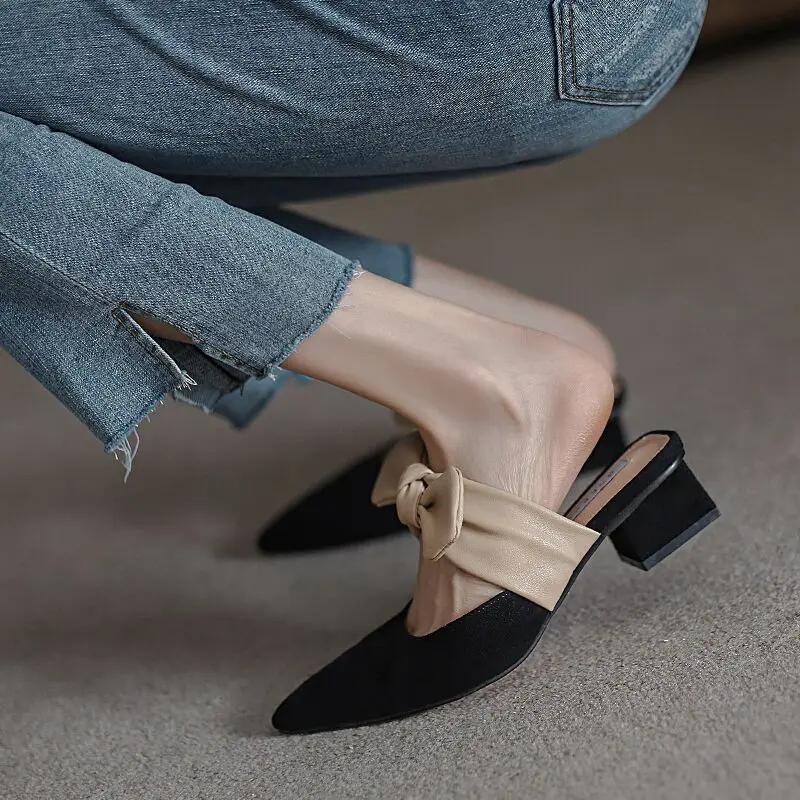 Fashion New Pointed Female Butterfly-Knot Women 2024 Slippers Casual Square Heel Loafers