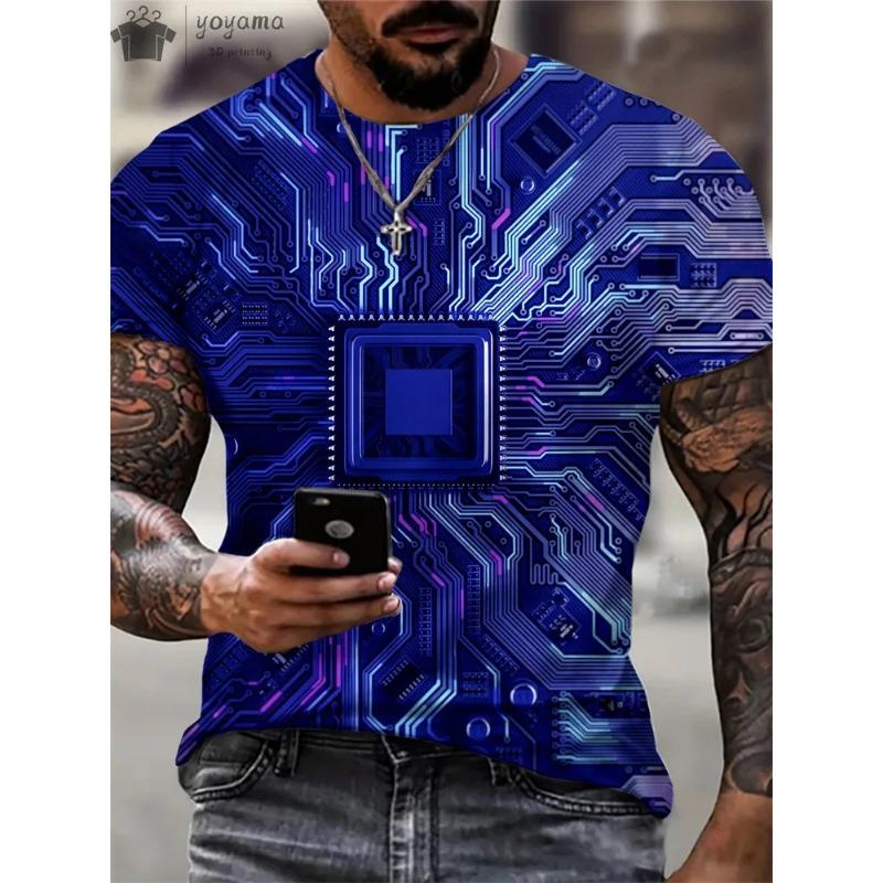 Летняя мужская футболка с креативным 3D-принтом в виде электронной микросхемы, процессора, печатной платы. Модная футболка с коротким рукавом оверсайз.