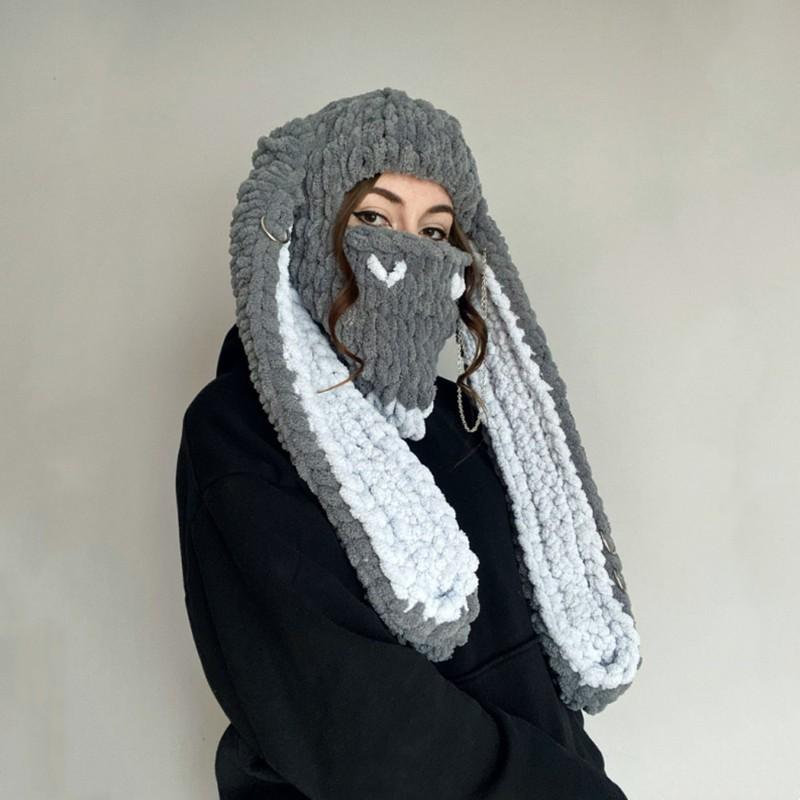 Cute Rabbit Ear Knit Beanie Women Warm Fleece Lined Winter Hat Handmade Punk Street Style