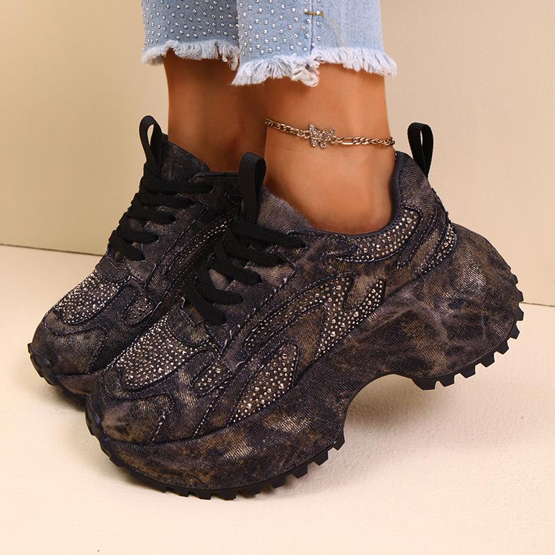 Мода Мода Стразы Массивные Кроссовки Женские Синий Деним Толстая Подошва Шнуровка Спортивная Обувь Женская Большой Размер Нескользящие Кроссовки на Платформе