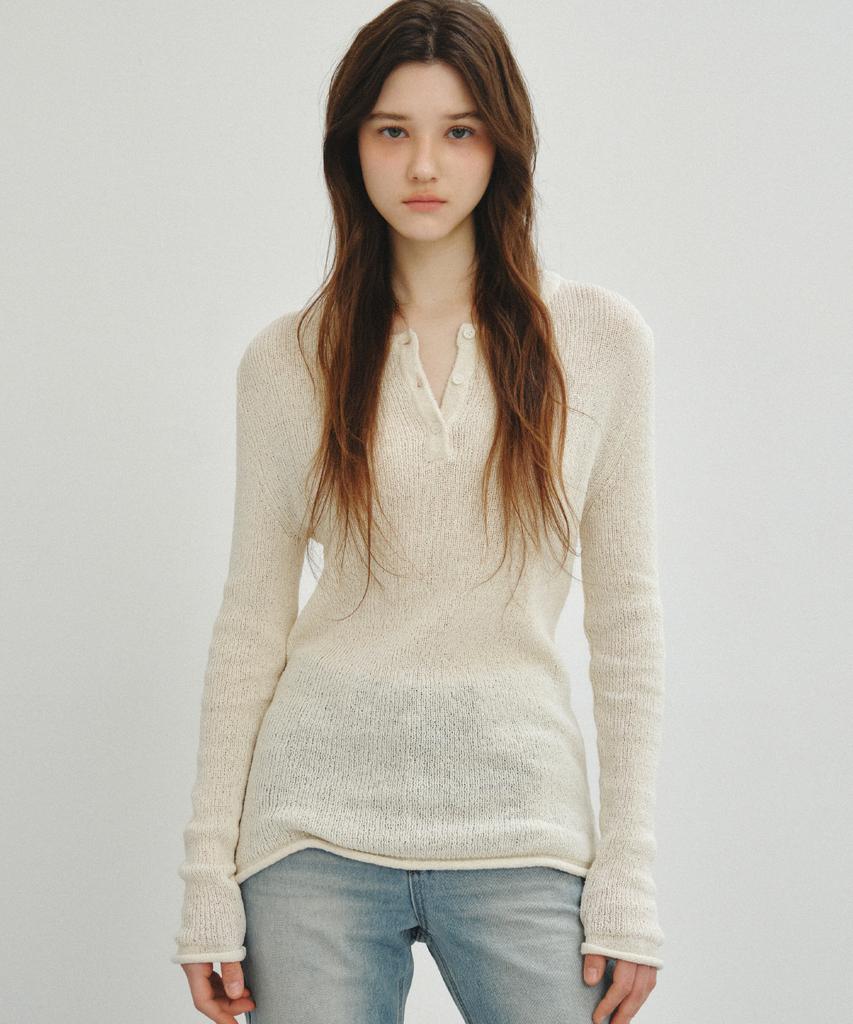 CITTA Light Sheer Henley Neck Knit_Ctk259(Cream)