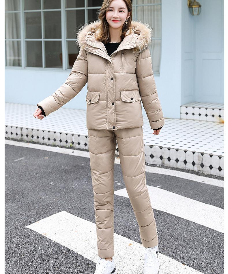 Женское зимнее короткое глянцевое ветрозащитное водонепроницаемое пальто с капюшоном, костюм из двух предметов, куртка-пуховик, парки с хлопковой подкладкой, теплая верхняя одежда