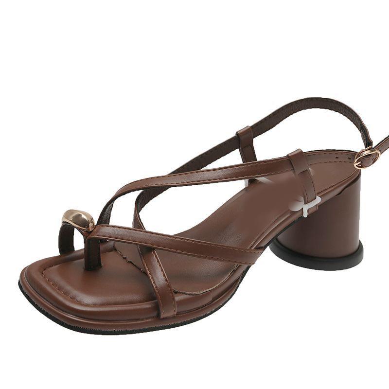 Модные женские сандалии на массивном высоком каблуке с перемычкой для пальца, летняя женская обувь, новая мода, ремешок крест-накрест, однотонные, с пряжкой, сандалии на каблуке для женщин