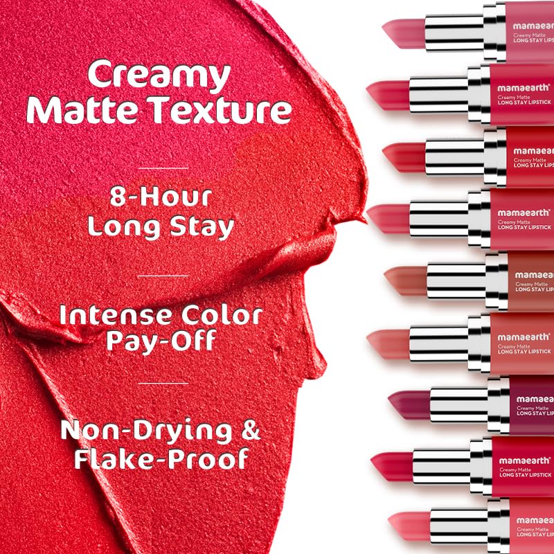 Mamaearth Creamy Matte Long Stay Lipstick 4.2g Ruby Crush Hydrating Non-Drying Flakeproof 8-Hour Color