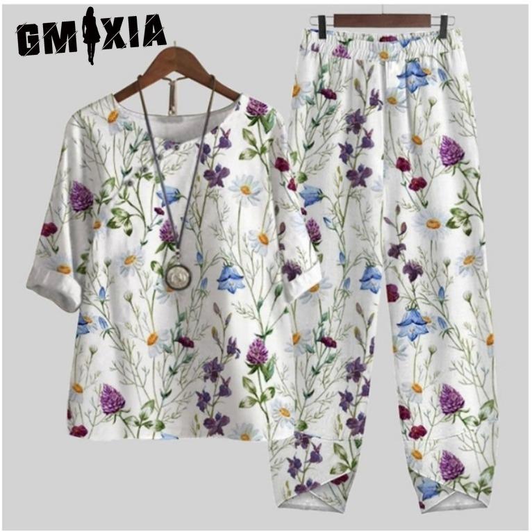 GMXIA Spring Women's Five-quarter Sleeve Printed Top and Pants Two-piece Set