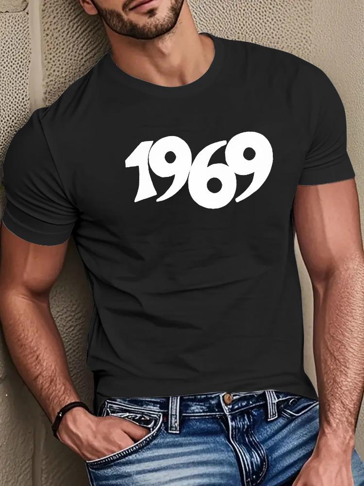 Unisex O Neck Tee Retro 1969 Number Vintage Letter Print Cotton Short Sleeve Loose Summer Breathable Daily Casual Basic Wear Top