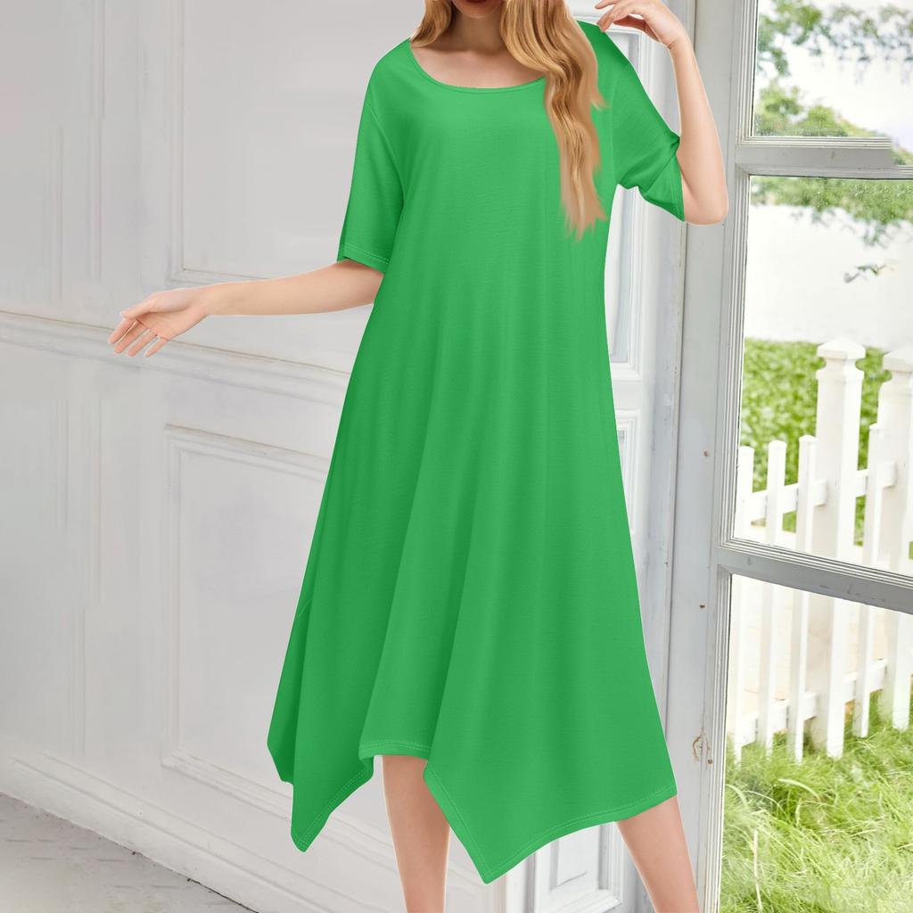 Женское повседневное модное платье миди с круглым вырезом и коротким рукавом, однотонное, с неровным подолом