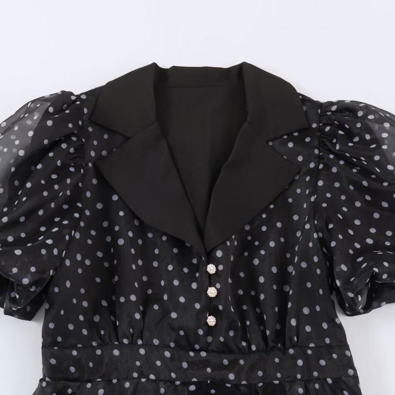 Womens 2026 V Neck Polka Dot Puff Sleeve Long Dress Elegant A Line Slim Fit