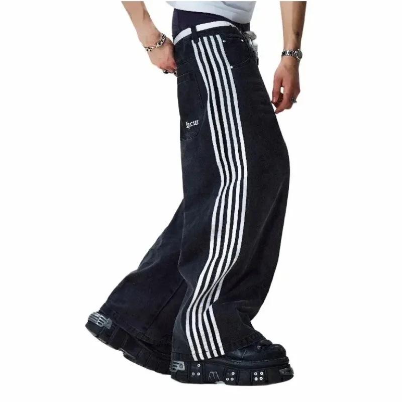 Unisex Streetwear Jeans Y2K Denim Pants Hip Hop Retro Striped Embroidered Baggy Jeans Mens Womens High Waist Wide Leg Trousers