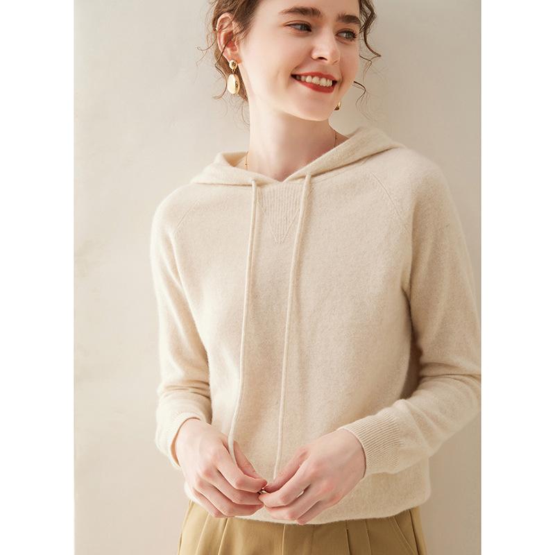 Женский кашемировый свитер с капюшоном - Осенне-зимний, свободного кроя, повседневный, вязаный пуловер с длинным рукавом