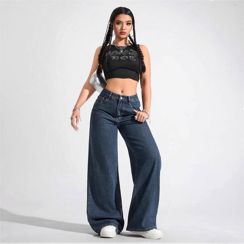 High Waist Slim Wide Leg Flared Straight Jeans Women Trendy Casual Denim Pants