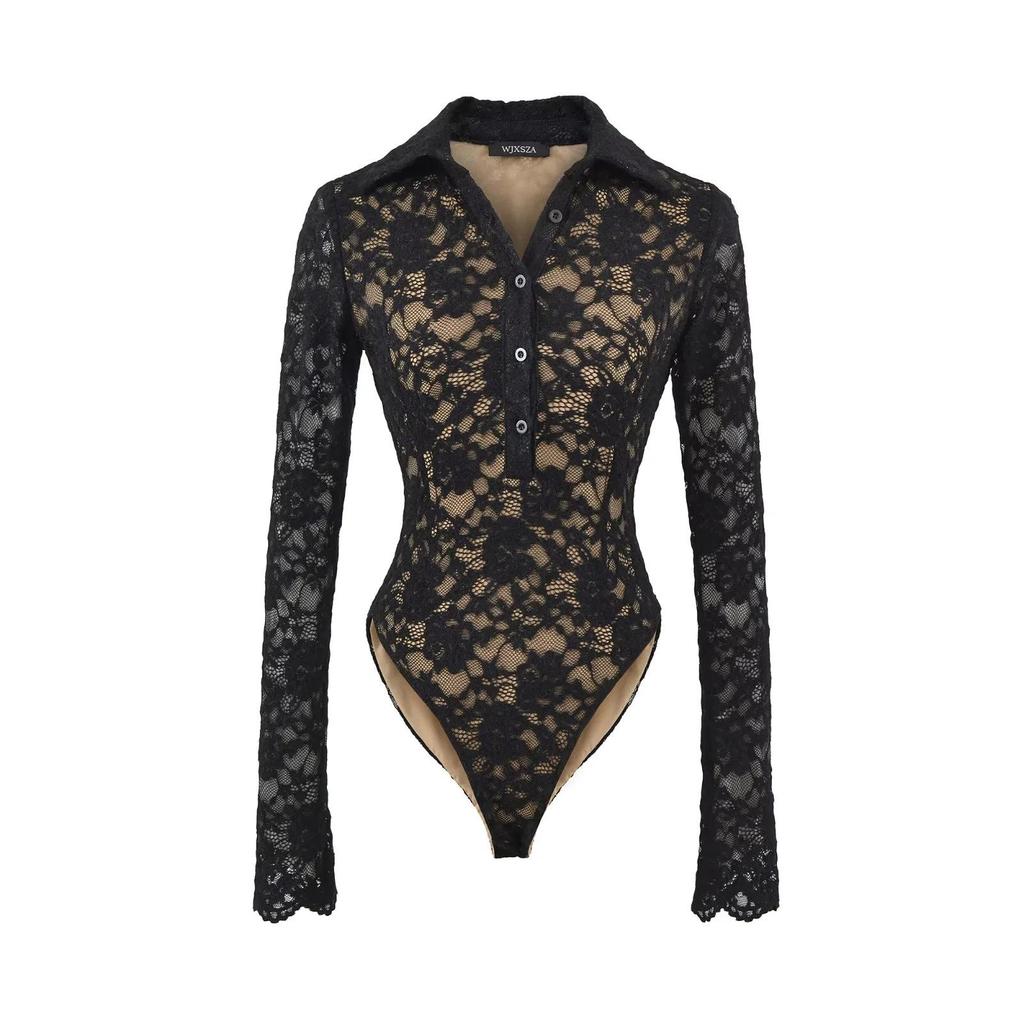 Европейский модный боди с кружевной отделкой и воротником-лацканами