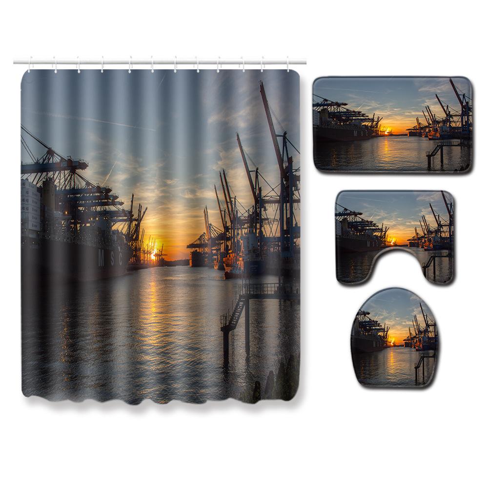Landscape Shower Curtain Floor Mat Combination Four-Piece Set Bathroom Toilet Carpet Shower Room Mat Foot Mat