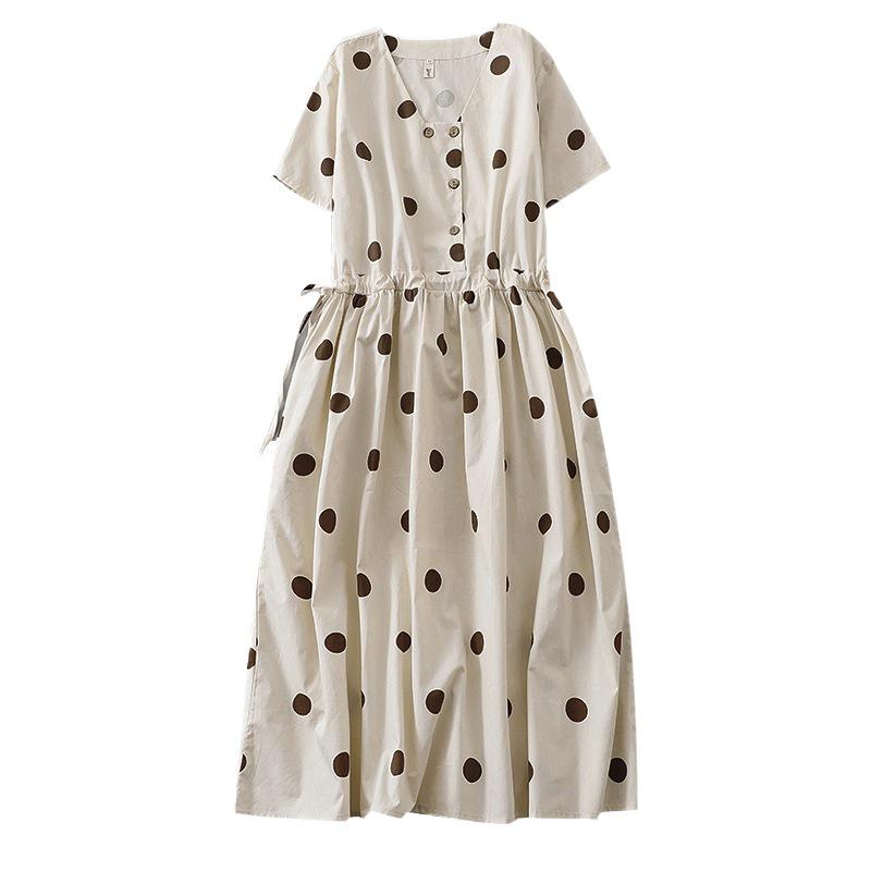 Ретро платье в горошек из хлопка и льна с V-образным вырезом для женщин