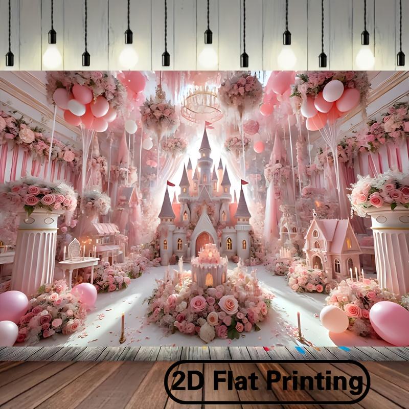 2D flat design, 1 piece of dreamy pink castle birthday background banner - charming polyester fabric wall covering, yzb