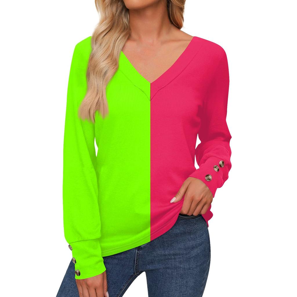 Женская повседневная модная рубашка с длинными рукавами и манжетами на пуговицах, свободная футболка с V-образным вырезом, осенняя одежда