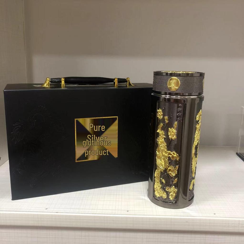 Pure Silver 9999 Thermal Water Cup - Nine Dragon, Hundred Blessings, Dragon & Phoenix Design