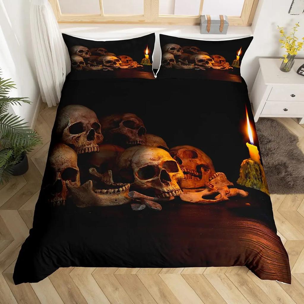 Skull Duvet Cover Golden Crown Bedding Set,3D Printed Halloween Skull With Two Beauty Quilt Cover Set,Crown Comforter Cover