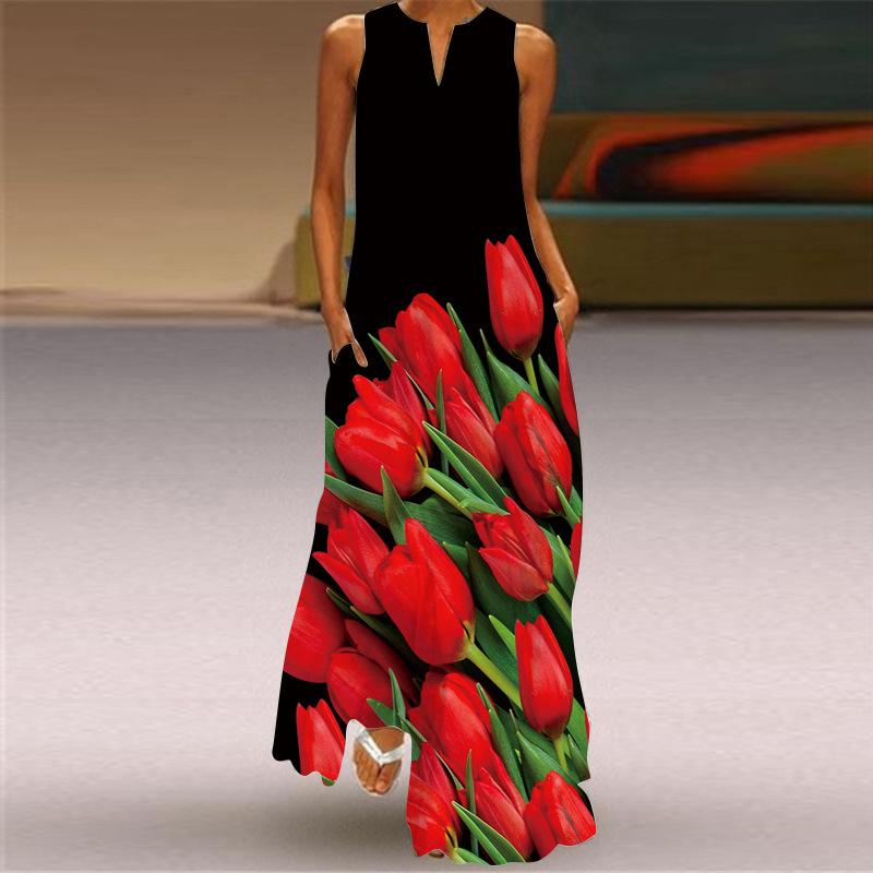 2026 New Summer Women's Sleeveless V-Neck Printed Sexy Dress Long Dress European and American Women's Clothing