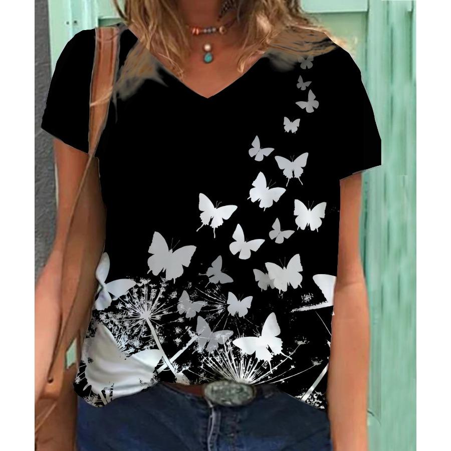 Butterfly Themed 3D Printed T-shirt V-neck 3D Printed Women's Short Sleeved T-shirt Top