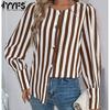 Женская мода повседневная весна-осень полосатый принт длинный рукав О-образный вырез блузки и рубашки