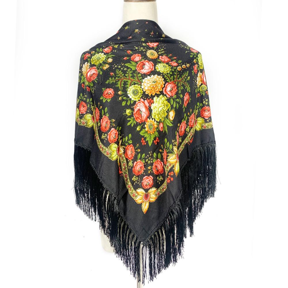 Women Retro Ukrainian Fringed Shawl Babushka Bandana Handkerchief Female Head Wraps Russian Floral Print Square Scarf