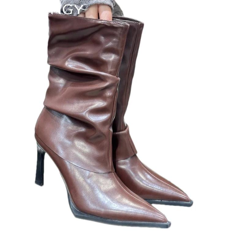 Модные женские кожаные сапоги до середины голени с острым носком, элегантные туфли на высоком каблуке, тренд 2024 года, зимние ботинки челси, сексуальные туфли-лодочки, новые женские ботинки