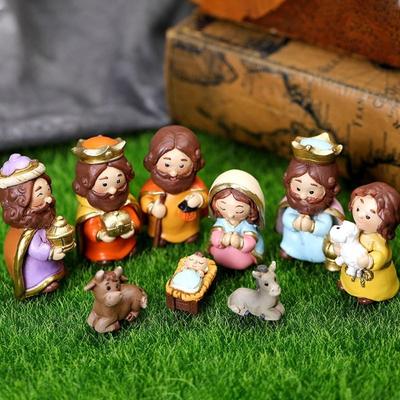 Смола Ясли Рождественский Вертеп Украшение Миниатюрная Мультяшная Группа Яслей Ручная Роспись Светодиодные Огни Рождественская Фигурка Рождественское Украшение